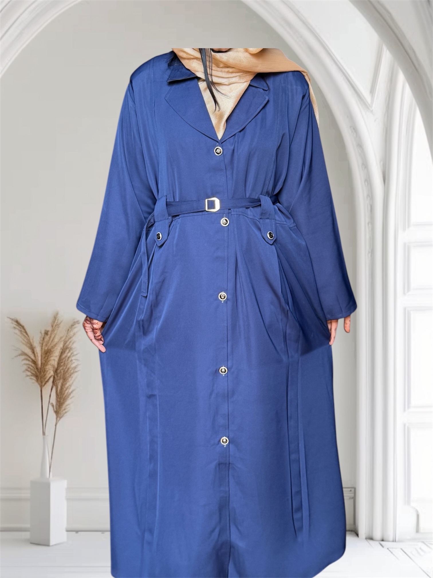 Turkish Style Front Open Abaya Double Pocket With Belt - Image 3